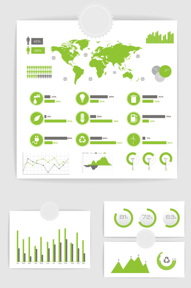 矢量绿色PPT数据统计图表