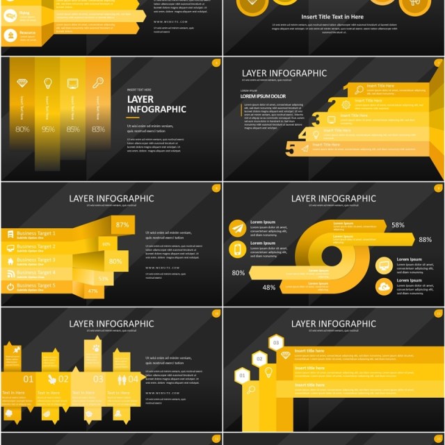 黄色图层结构信息图PPT模板素材Wide Yellow Dark Layer Infographic