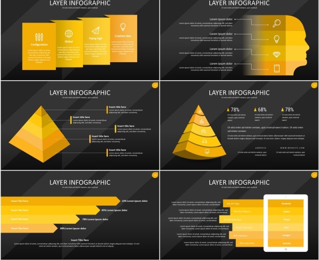 黄色图层结构信息图PPT模板素材Wide Yellow Dark Layer Infographic