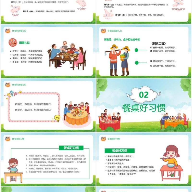绿色卡通风小学生餐桌文明礼仪主题班会课件PPT模板