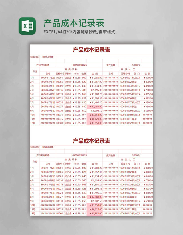 产品成本记录表Execl表格