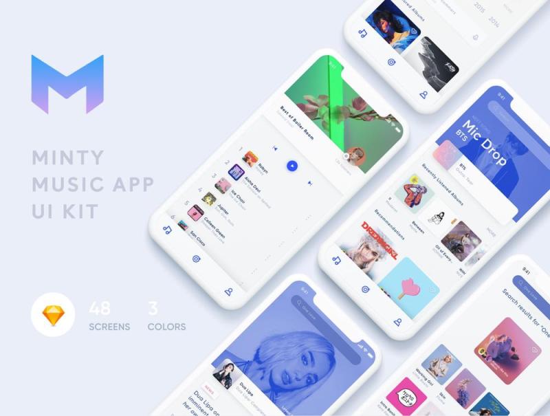可定制的iPhone XS iOS音乐应用UI工具包，使用Sketch。，Minty音乐应用UI工具包设计