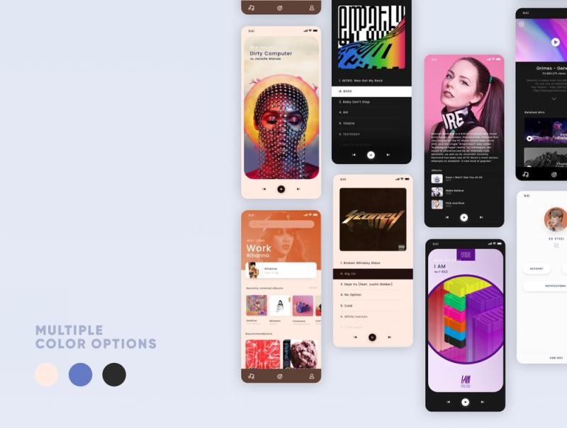可定制的iPhone XS iOS音乐应用UI工具包，使用Sketch。，Minty音乐应用UI工具包设计