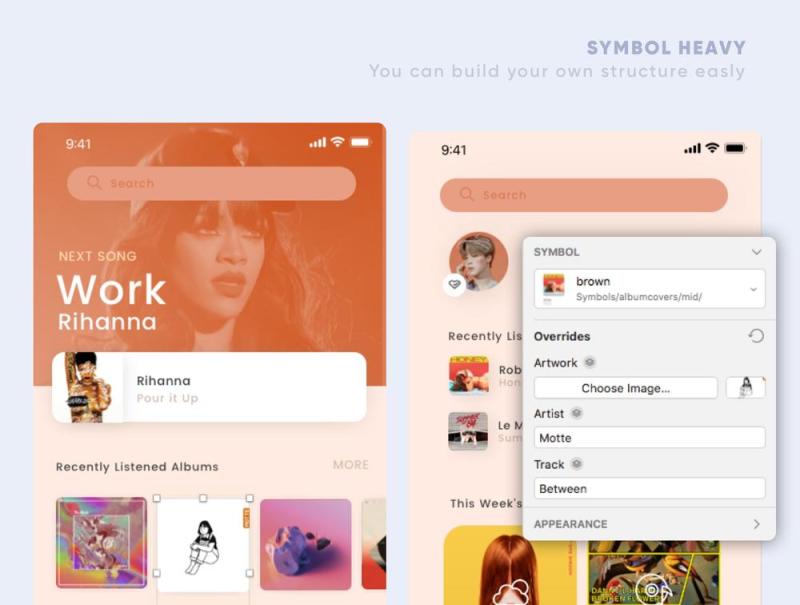 可定制的iPhone XS iOS音乐应用UI工具包，使用Sketch。，Minty音乐应用UI工具包设计