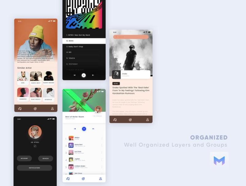 可定制的iPhone XS iOS音乐应用UI工具包，使用Sketch。，Minty音乐应用UI工具包设计
