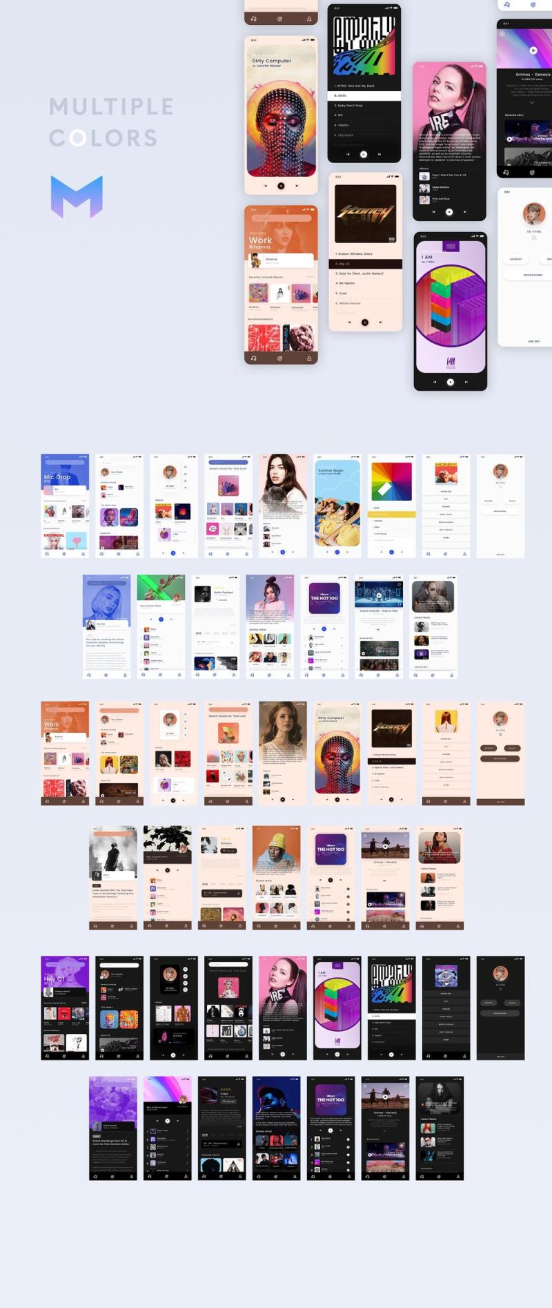 可定制的iPhone XS iOS音乐应用UI工具包，使用Sketch。，Minty音乐应用UI工具包设计