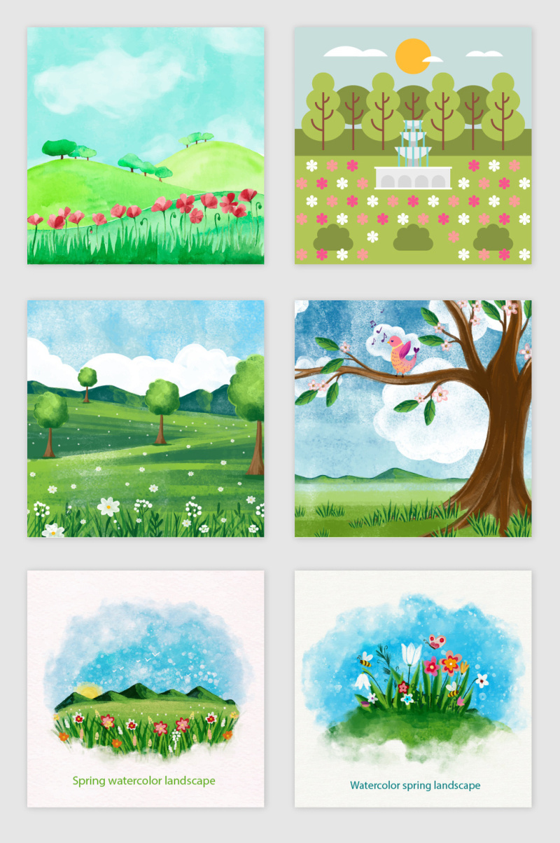 水彩绿叶郊游踏青素材