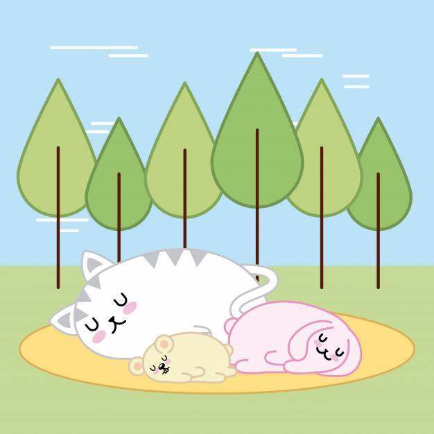 睡觉在森林动画片的Kawaii逗人喜爱的动物