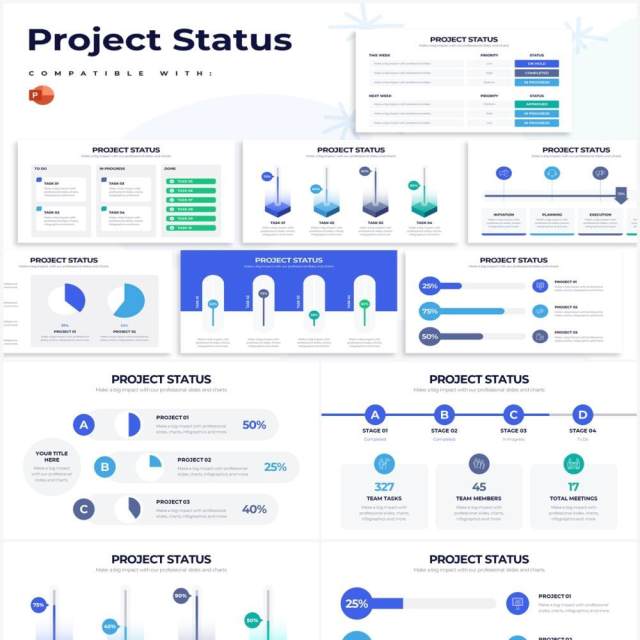 蓝色简约项目进度PPT甘特图信息图表素材Project Status Powerpoint Infographics