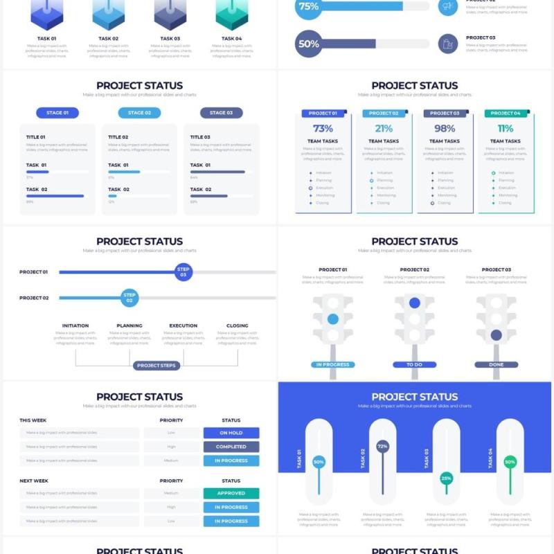 蓝色简约项目进度PPT甘特图信息图表素材Project Status Powerpoint Infographics