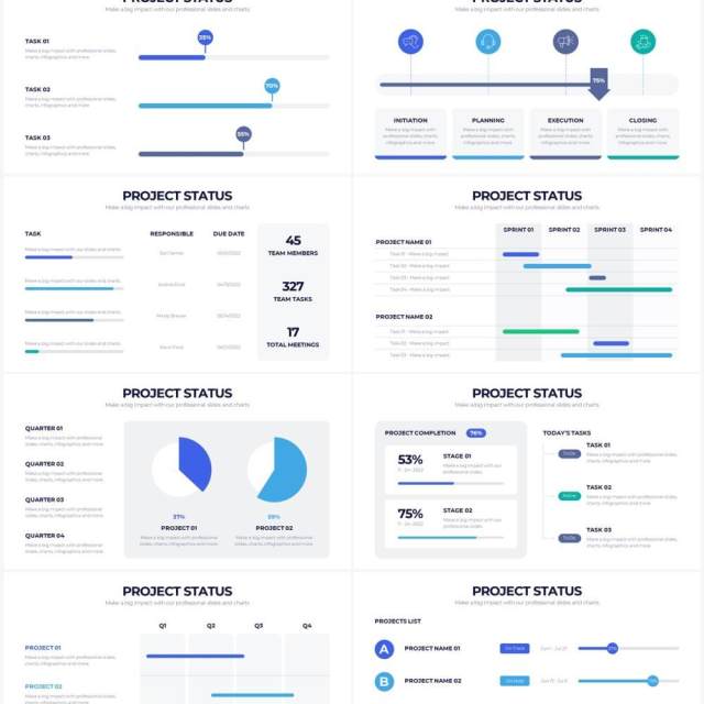 蓝色简约项目进度PPT甘特图信息图表素材Project Status Powerpoint Infographics