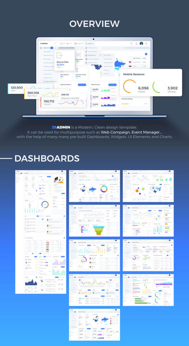 设计您的下一个仪表板。，29Admin仪表板UI工具包