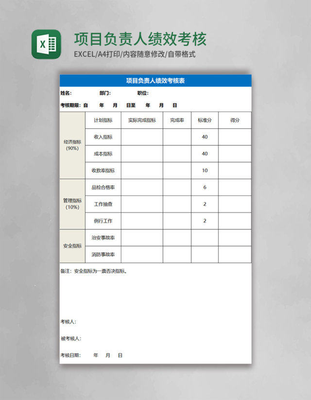 项目负责人绩效考核表模板Excel表格