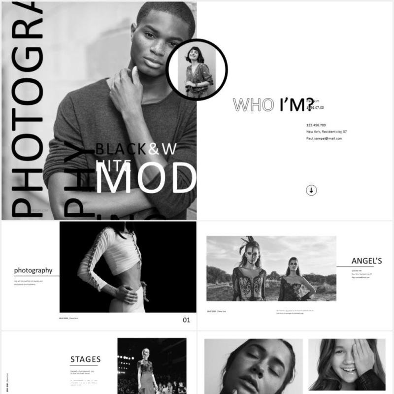 黑白商业摄影作品展示PPT模板photography business marketing powerpoint