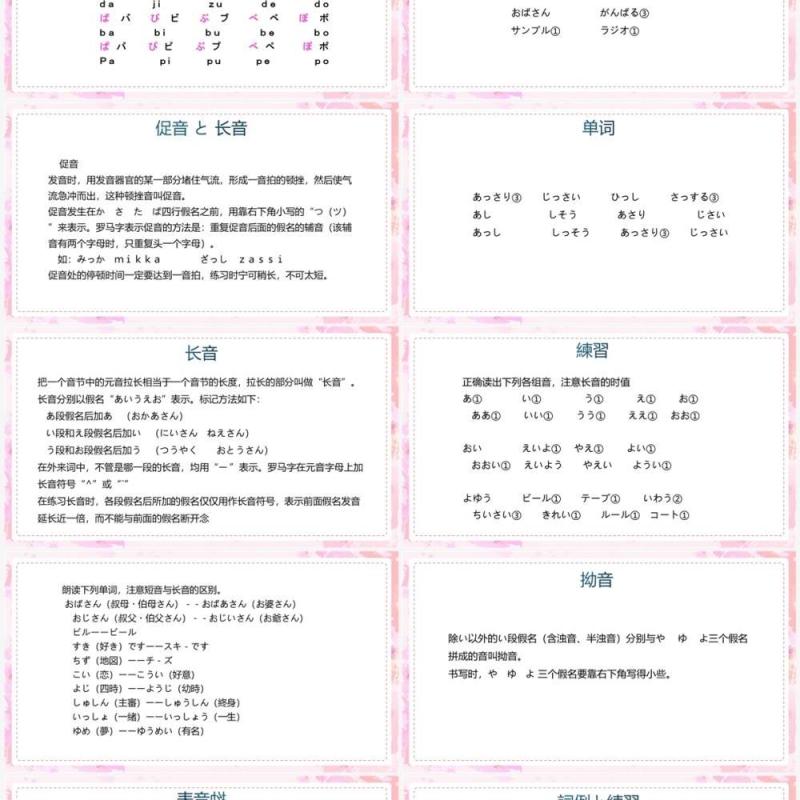粉色清新日语教学浊音促音长音与拗音PPT模板