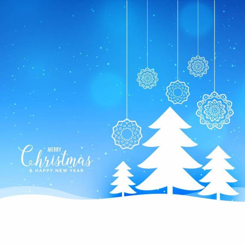 与纸风格树的蓝色圣诞快乐圣诞风景背景