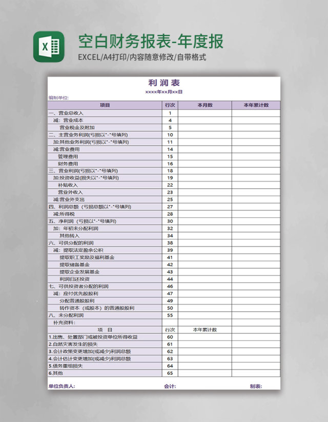 空白财务报表-年度报表Excel模板