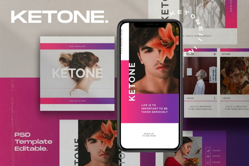 图片分享平台移动端应用界面模板PSD设计素材Ketone Pack 2 - Instagram Post + Stories