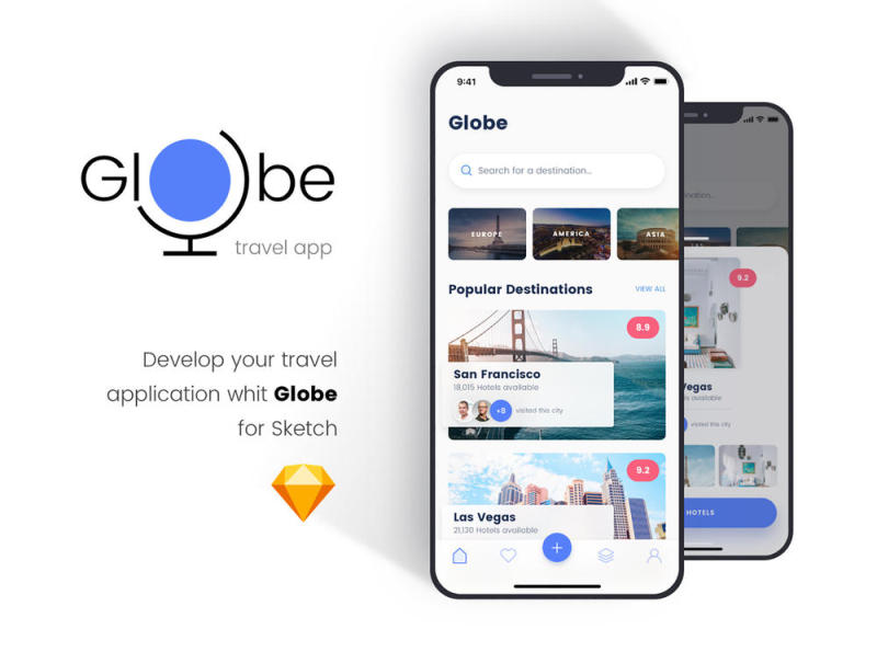 适用于Sketch的时尚iOS旅行应用UI工具包，Globe Travel应用程序