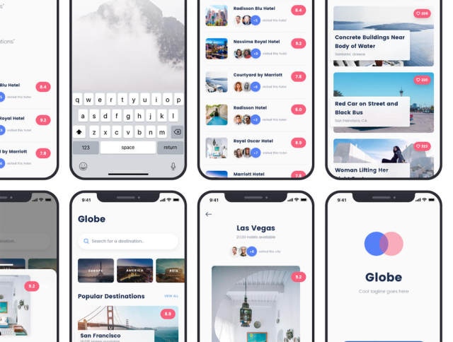 适用于Sketch的时尚iOS旅行应用UI工具包，Globe Travel应用程序