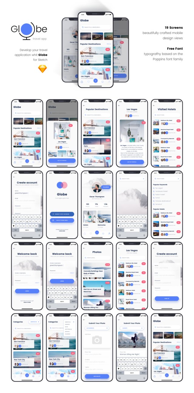适用于Sketch的时尚iOS旅行应用UI工具包，Globe Travel应用程序