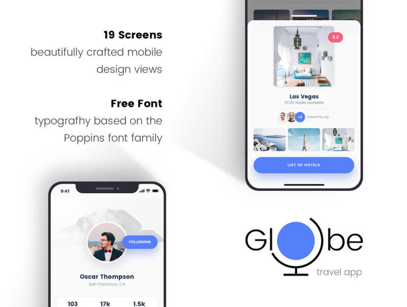 适用于Sketch的时尚iOS旅行应用UI工具包，Globe Travel应用程序