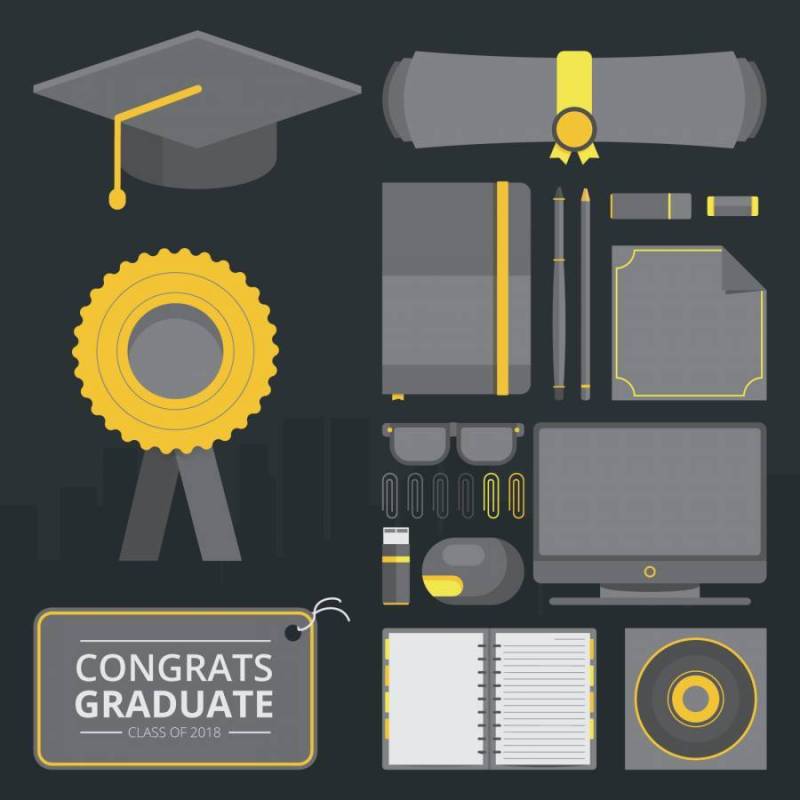 毕业卡插图与毕业帽子和文凭信件的问候。文凭文具和设备。