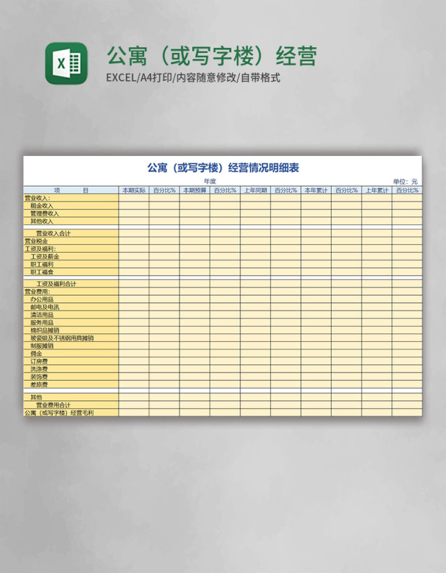 公寓(或写字楼)经营情况明细表Excel模板 公寓(或写字楼)经营情况明细表Excel模板