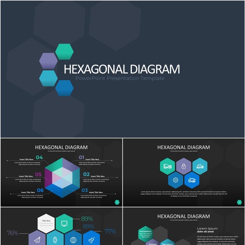 六边形信息图PPT模板素材Wide Dark Hexagonal Infographic