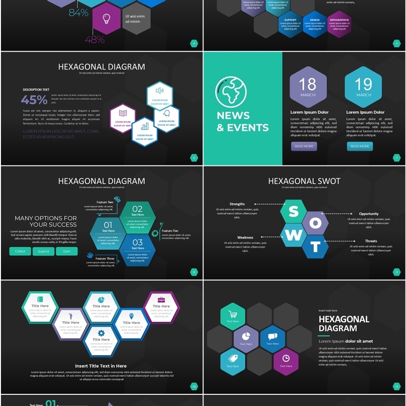 六边形信息图PPT模板素材Wide Dark Hexagonal Infographic