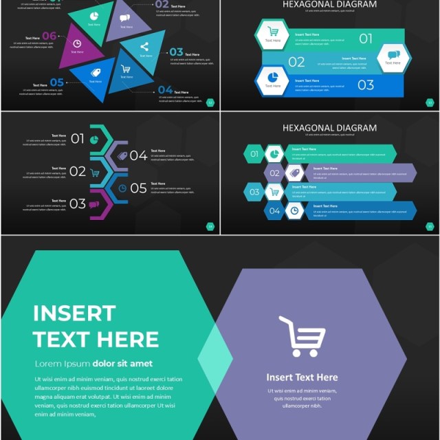 六边形信息图PPT模板素材Wide Dark Hexagonal Infographic