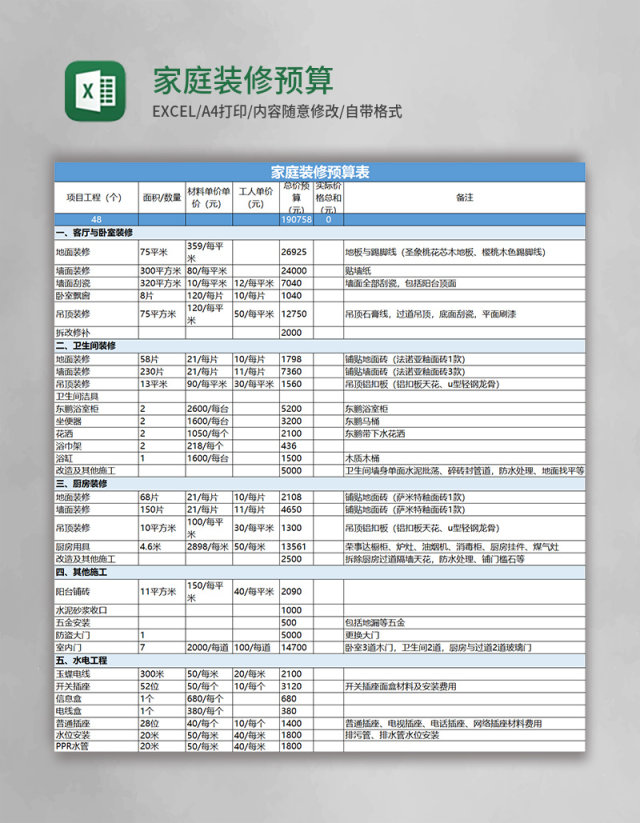 蓝色简约家庭装修预算表Excel模板