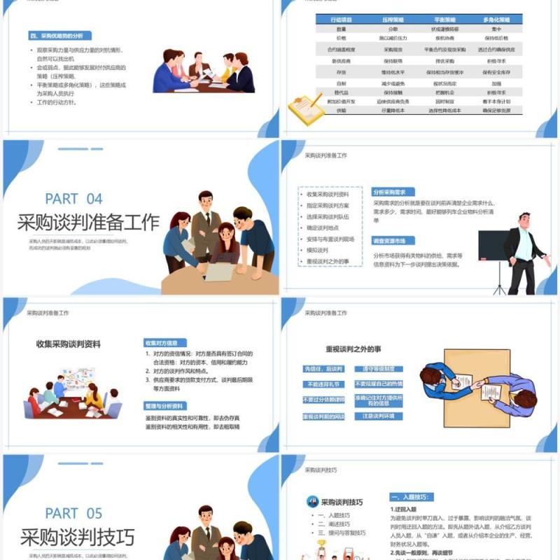 蓝色插画风采购谈判技巧PPT模板