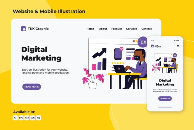 数字营销网络与移动界面设计AI插画素材PSD模板Digital Marketing web and mobile designs