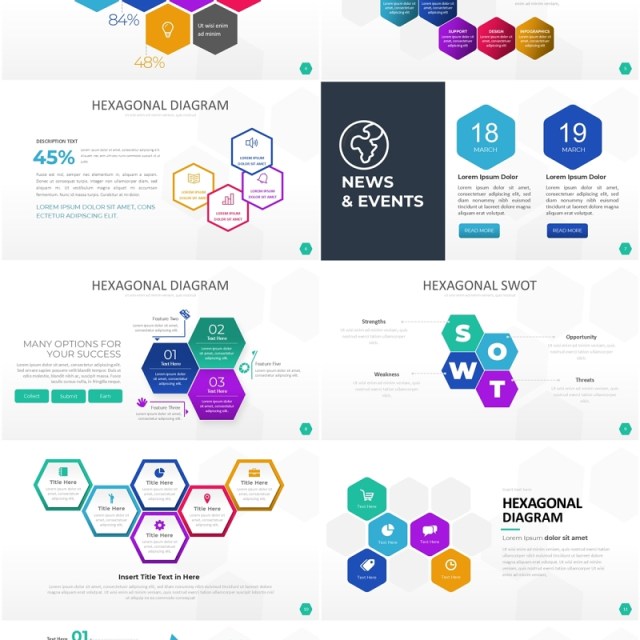 多彩色六边形信息图PPT模板素材Wide Light Hexagonal Infographic