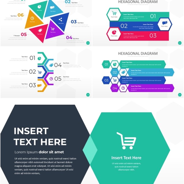 多彩色六边形信息图PPT模板素材Wide Light Hexagonal Infographic