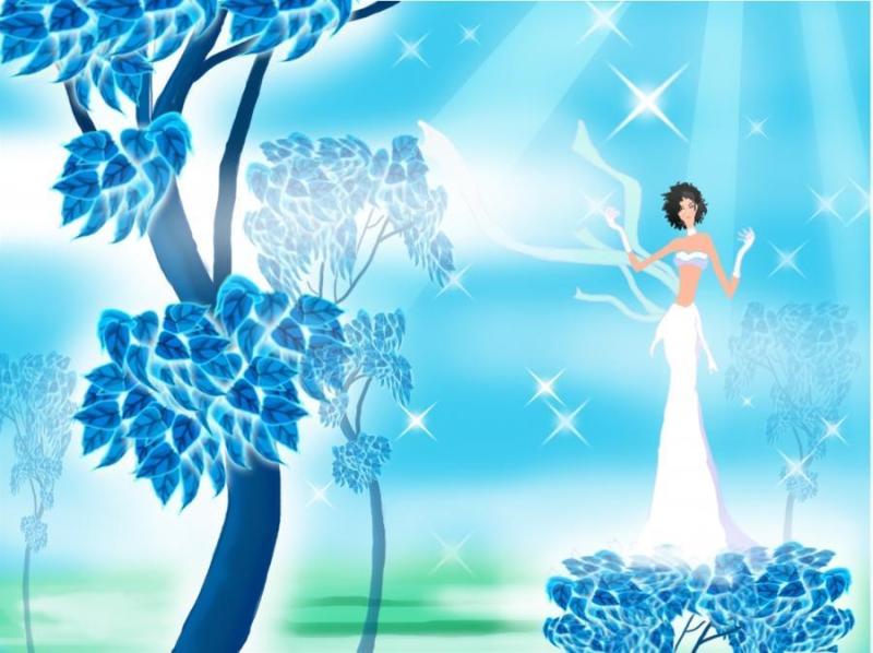 阳光蓝色背景树下穿白裙子的女人PSD分层插画