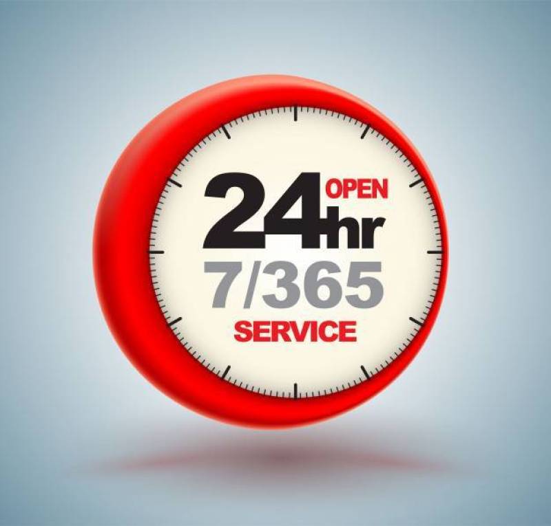 24hr services with clock scale logo 3d style.
