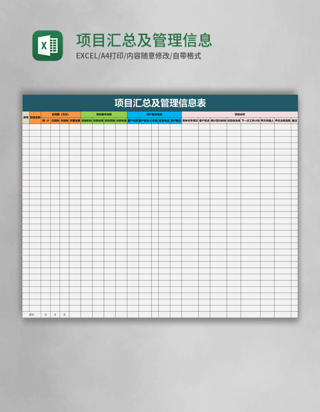 项目汇总及管理信息表excel模板