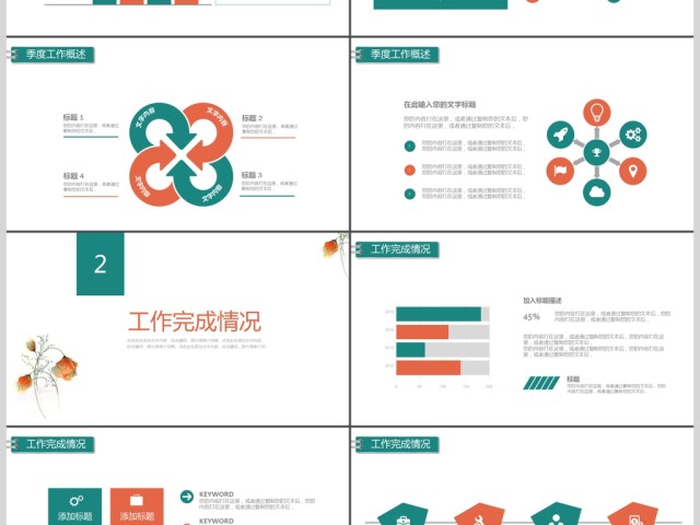 小清新花朵简洁季度工作汇报PPT模板