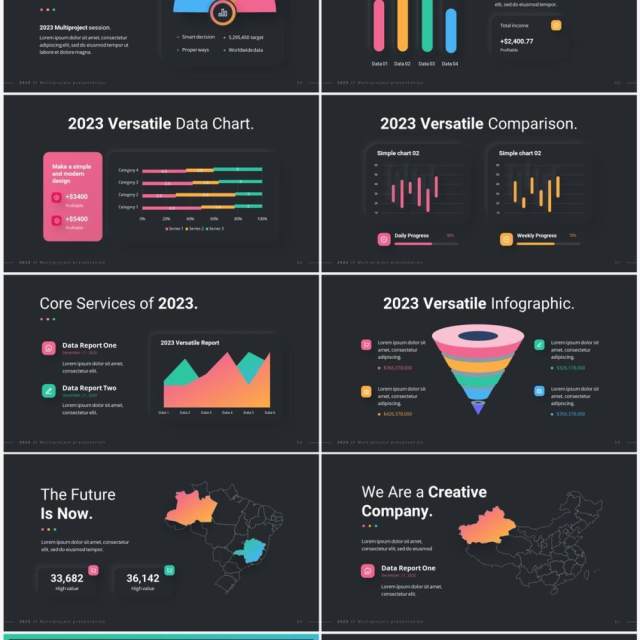 深色多功能商业社交媒体商务PPT幻灯片模板2023 Versatile Presentation - Dark