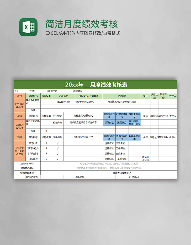 简洁月度绩效考核表excel模板