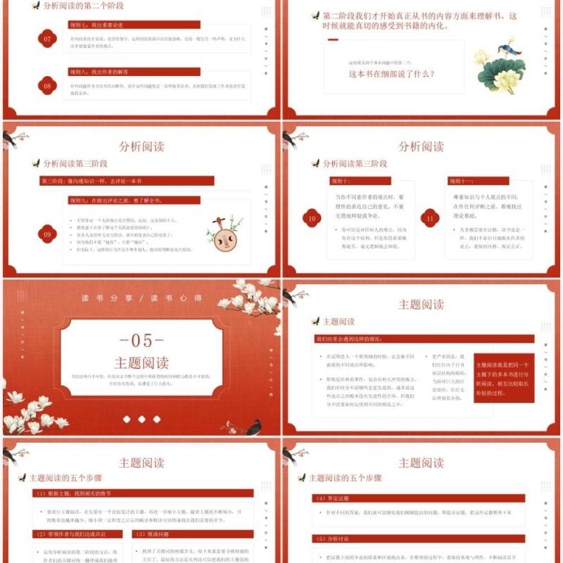 红色新中式中国风读书分享PPT模板