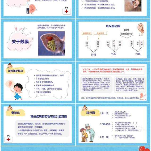 蓝色卡通风全国爱耳日主题教育PPT模板