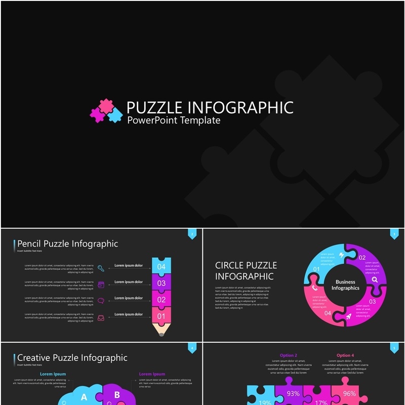 深色粉紫色拼图信息图PPT素材模板Wide Dark Puzzle Infographic