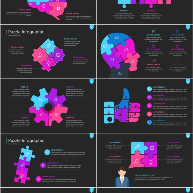 深色粉紫色拼图信息图PPT素材模板Wide Dark Puzzle Infographic