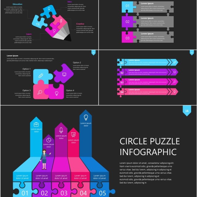 深色粉紫色拼图信息图PPT素材模板Wide Dark Puzzle Infographic