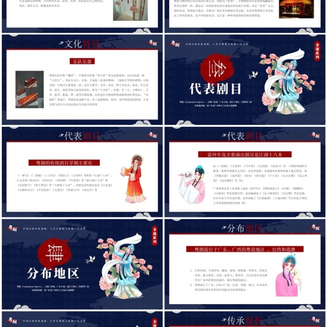 蓝色中国风非遗系列之粤剧介绍PPT模板 蓝色中国风非遗系列之粤剧介绍PPT模板