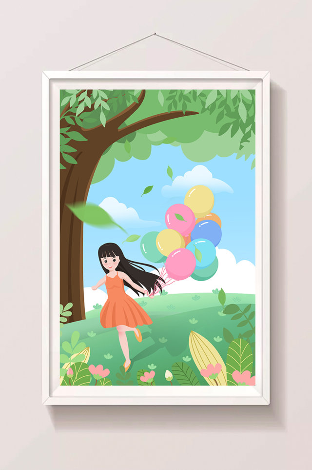 简约清新少女小女孩暑假户外气球玩耍插画 简约清新少女小女孩暑假户外气球玩耍插画