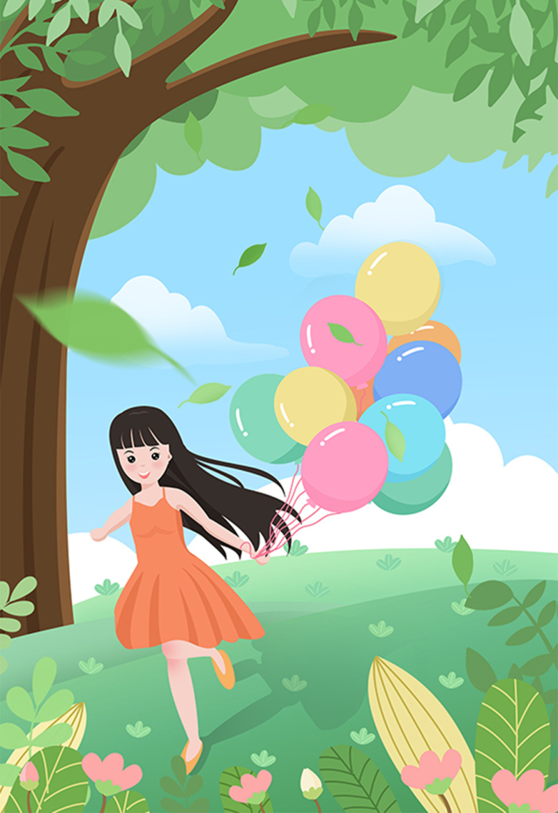 简约清新少女小女孩暑假户外气球玩耍插画